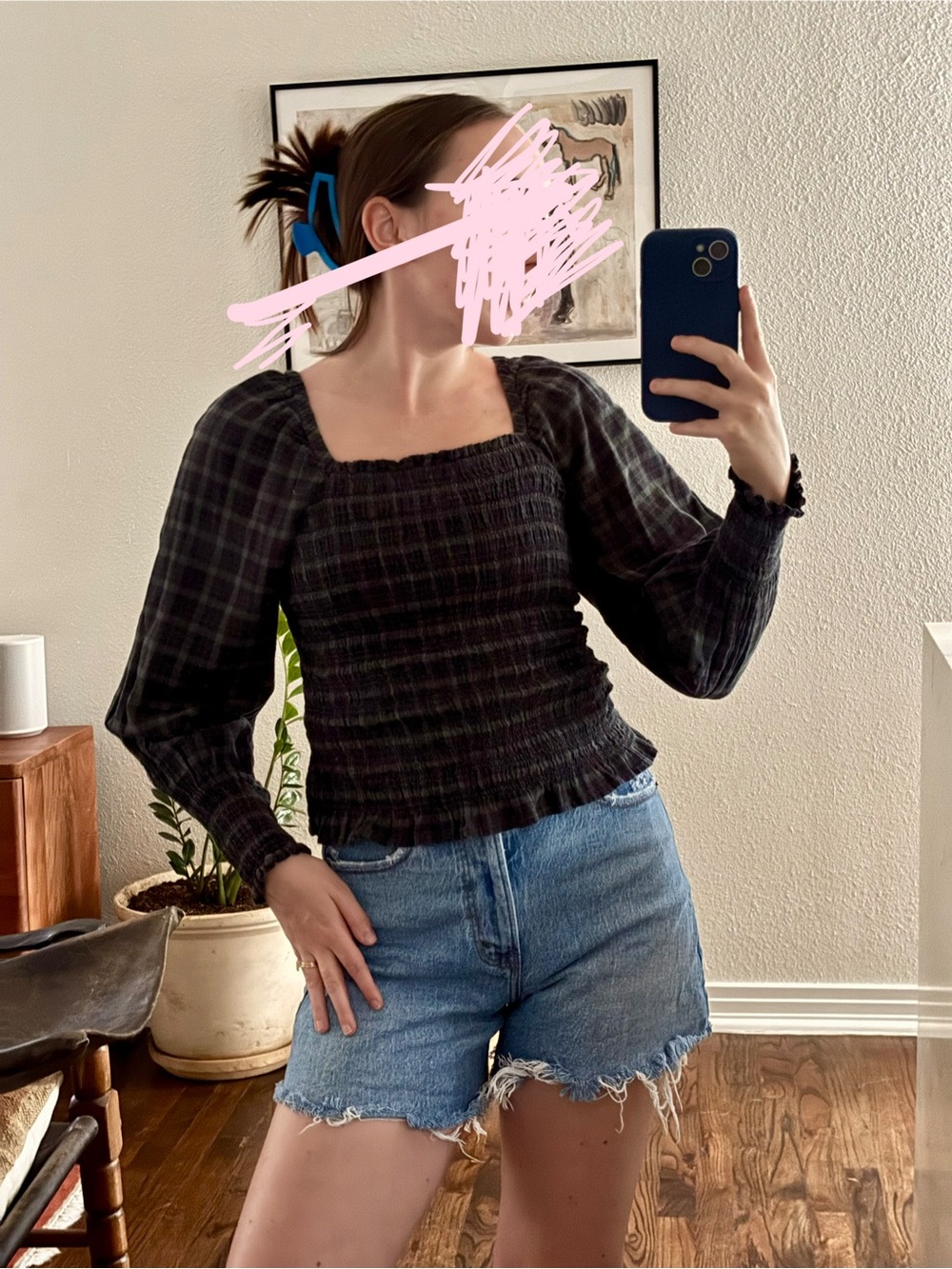 Madewell Blue and Green Plaid Smocked Square-Neck Blouse